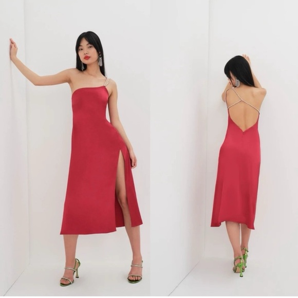 For Love And Lemons Elora Midi Dress in Red Large NWT Evening Party Slit Holiday - Picture 1 of 8